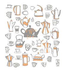 Vector set of coffee and tea.  Hand drawn element design.