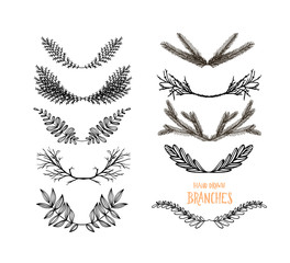 Vintage set of hand drawn laurels. Ink illustration. Floral vector graphic. Nature design elements. Isolated on white.