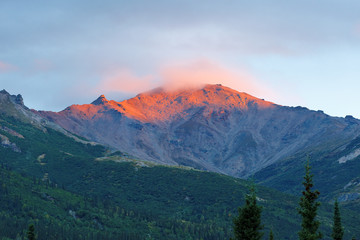 Sunrise at Denali National Park, Alaska, USA. Denali National Park and Preserve encompasses 6 million acres. With terrain of tundra, spruce forest and glaciers, the park is home to wildlife.