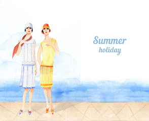 Girls of the twenties on the background of the sea landscape. Watercolor summer illustration with people 1920. Print for postcards, invitations, and textiles.