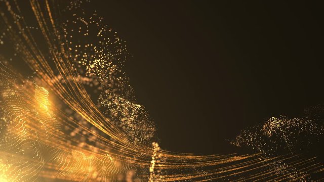 Digital Gold Particles Wave and light abstract background with shining flare particle stars dust. Futuristic glittering Luxury golden sparkling on black background.