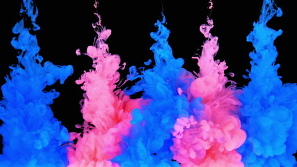 Multicolored composition of ink jets. jets of ink from red and blue colors are mixed in the center of the composition. Colorful abstract combination of acrylic rainbow painted black background. 