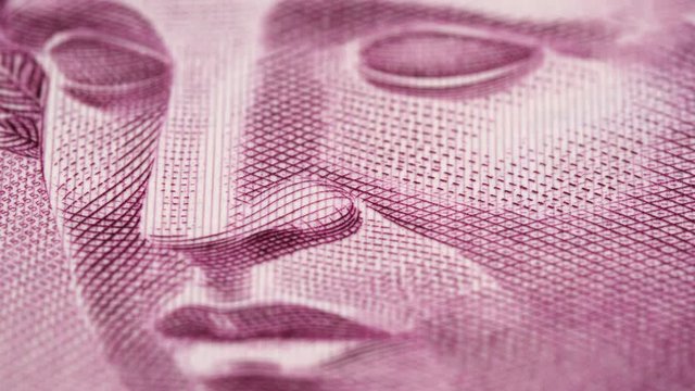 Republic's Effigy on Brazil 5 real banknote rotating. Low angle, macro. 4K, 422 10 bit