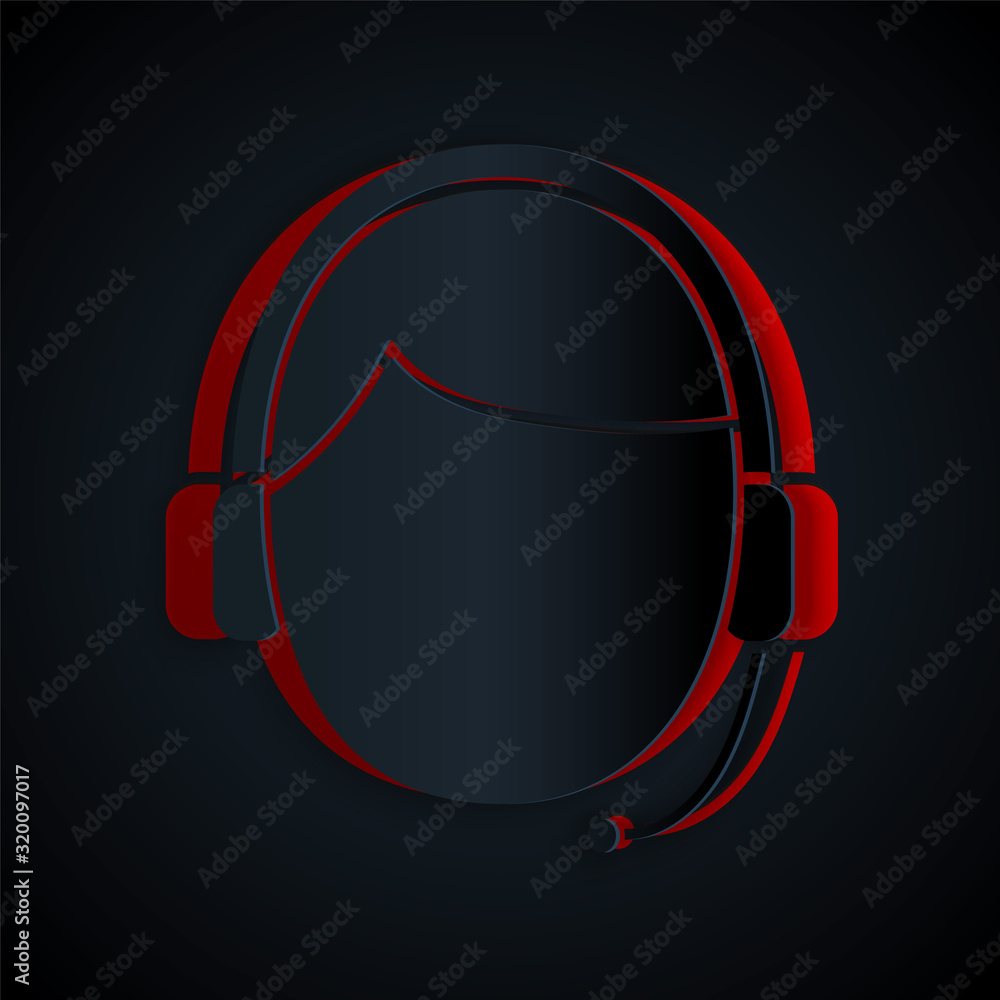 Poster paper cut man with a headset icon isolated on black background. support operator in touch. concept f