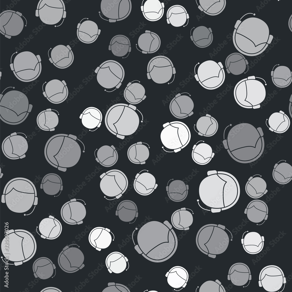 Poster grey man with a headset icon isolated seamless pattern on black background. support operator in touc