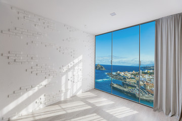 Empty room interior with floor to ceiling windows and scenic view