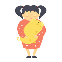 A person keeps a pet. A small pig on the hands of a man. A character in a cartoon style.