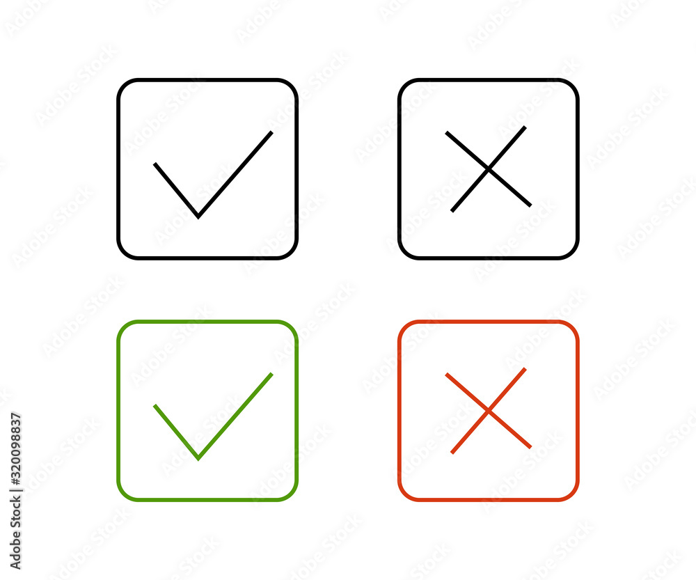 Poster checkmark and cross set isolated icons in flat style, vector