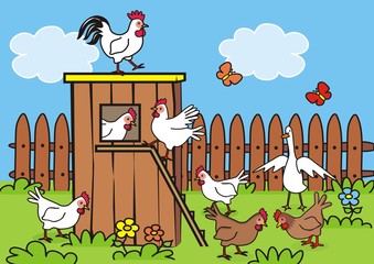 henhouse and poultry in the backyard, vector illustration
