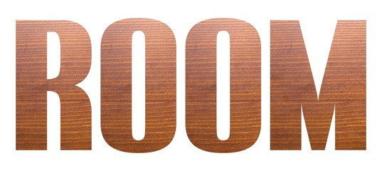 ROOM word with brown wooden texture on white background.