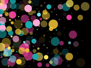 Memphis round confetti festive background in cyan blue, pink and yellow. Childish pattern vector.