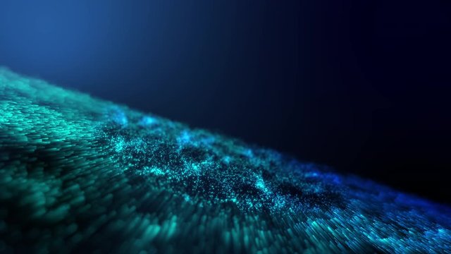 Glowing abstract digital cyber space blue wave. 3D motion shining techno light particle wave flow for copy space backgrounds.