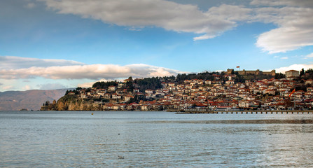 Obraz premium Old Town Landscape. View from a boat in the lake. Ohrid, Northern Macedonia.