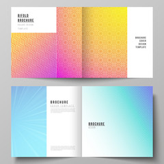 The vector illustration of editable layout of two covers templates for square design bifold brochure, magazine, flyer, booklet. Abstract geometric pattern with colorful gradient business background