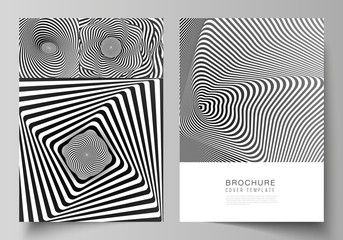 Vector layout of A4 format modern cover mockups design templates for brochure, magazine, flyer, booklet, report. Abstract 3D geometrical background with optical illusion black and white design pattern