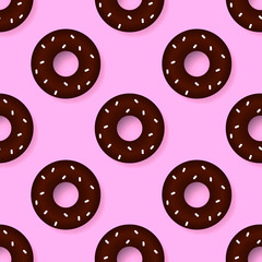 Chocolate donuts on a pink background. Seamless pattern. Vector illustration for poster or banner