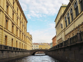 City view with canal in Saint Petersburg on bright sunny day. Selective focus.