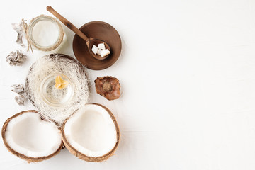 Fototapeta na wymiar Organic cosmetic product preparation. Coconut ingredients for beauty treatment 