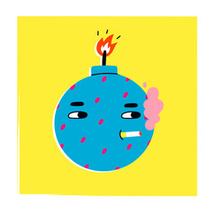 Bomb with burning wick. Cute face with smoking cigarette. Hand drawn Vector illustration. Comic, cartoon quirky style. Trendy design. Bright colors. Funny character. T-Shirt print idea. Sticker style