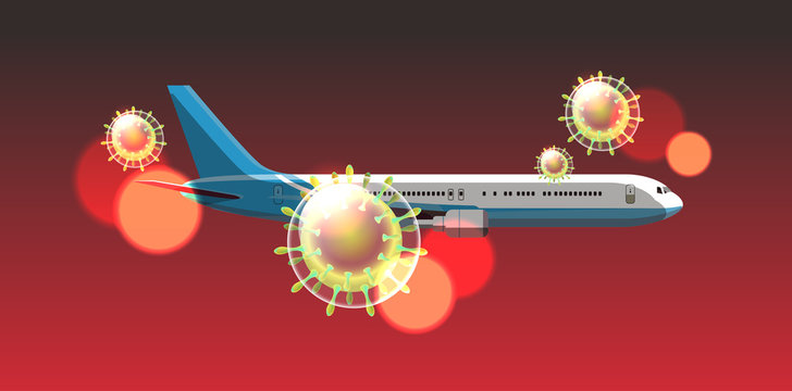 passenger plane flying in sky coronavirus cell 2019-nCoV flu outbreak china pathogen respiratory nCov pandemic wuhan virus medical health risk concept horizontal vector illustration