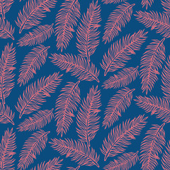 Hand drawn abstract seamless pattern with pink palm branch. Exotic tropical leaves isolated on a blue background. Cute template for cards, fabric, wrapping paper. Vector illustration