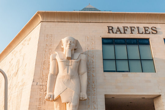 29 November 2019, Dubai, United Arab Emirates: Exterior in Egyptian style of WAFI mall building