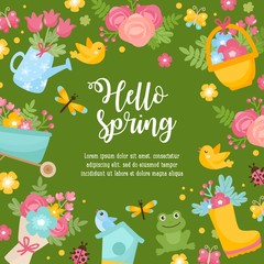 Hello spring greeting card. Cute illustration with spring bouquet in a boots, little frog, dragonfly and nesting box.