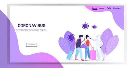 man in hazmat suit checking airport passengers temperature spreading coronavirus infection epidemic MERS-CoV virus wuhan 2019-nCoV pandemic health risk concept full length horizontal copy space vector