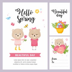Hello Spring greeting card, poster, tag, label. Bear gives spring flowers bouquet. Animals rejoices in spring. Cute childish illustration.