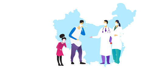 coronavirus infect control concept doctors in masks consulting illness father and daughter patients epidemic MERS-CoV floating influenza wuhan 2019-nCoV full length chinese map horizontal vector