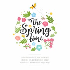 Hello spring greeting card. Cute illustration with spring bouquet in a boots, little frog, dragonfly and nesting box.