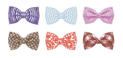 Color set of different bow ties isolated on a white background. Suitable for printing on T-shirts and the like. Vector illustration.