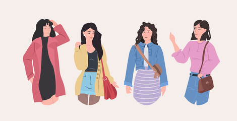 beautiful women group standing together attractive girls female cartoon characters in casual clothes portrait flat horizontal vector illustration