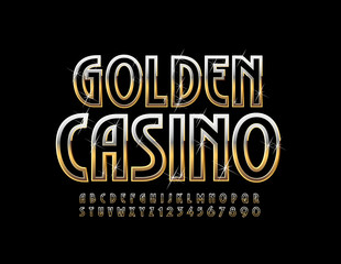 Vector chic emblem Golden Casino with premium Font with Stars. Shiny elite Alphabet Letters and Numbers