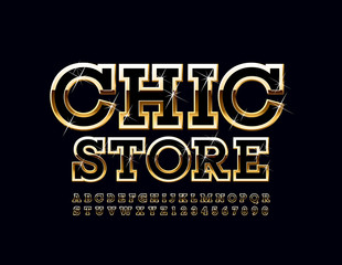 Vector premium banner Chic Store with Gold Font. Modern luxury Alphabet Letters and Numbers