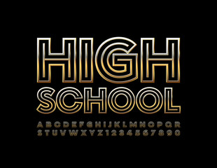 Vector golden sign High School. Creative rich Font. Siny elegant Alphabet Letters and Numbers © Popskraft