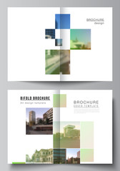 Vector layout of two A4 cover mockups design templates for bifold brochure, flyer, magazine, cover design, book design, brochure cover. Abstract project with clipping mask green squares for your photo