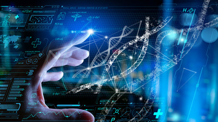 Close up of  Doctor hand touching digital medical record tablet with DNA. AR of healthcare and network connection on hologram modern Ui for medical technology and network concept.