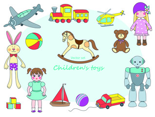 Collection of children's toys: balls, helicopter, plane, truck, train, Teddy bear, rabbit, dolls, wooden horse. Vector image