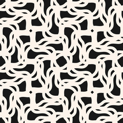 Vector abstract seamless geometric pattern. Monochrome background with curved shapes, tangled lines, mesh, fabric, weave, tissue, repeat tiles. Black and white texture. Design for decor, wallpapers