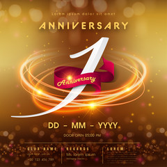 1 years anniversary logo template on golden Abstract futuristic space background. 1st modern technology design celebrating numbers with Hi-tech network digital technology concept design elements.