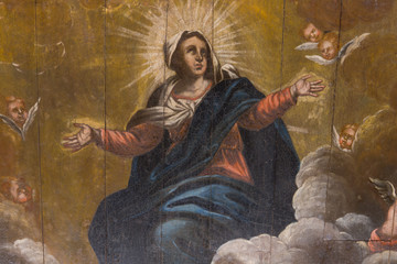 Fresco depicting Virgin Mary and angels in Porto de Ave church ceiling, Braga, Portugal