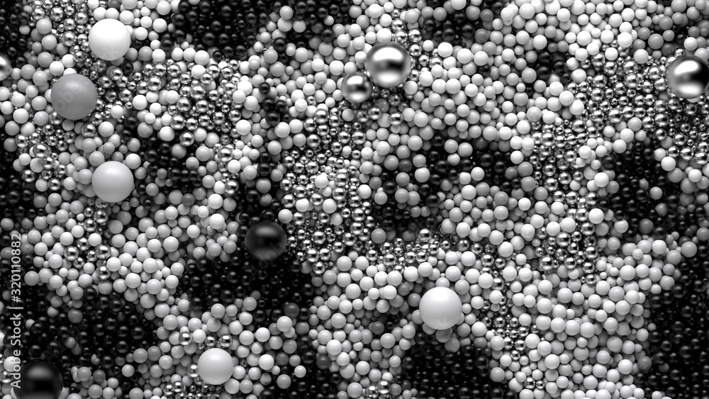 Poster black and white 3d render background with a lot of spheres. reflective materials...