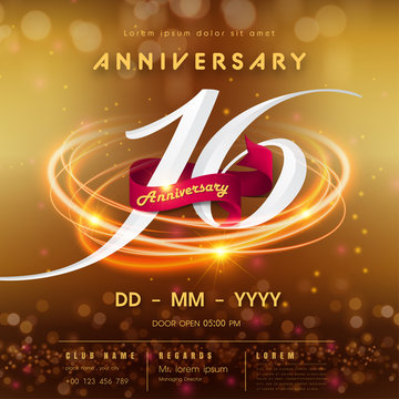 16 years anniversary logo template on golden Abstract futuristic space background. 16th modern technology design celebrating numbers with Hi-tech network digital technology concept design elements.