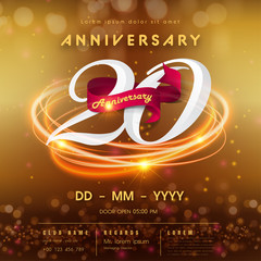 20 years anniversary logo template on golden Abstract futuristic space background. 20th modern technology design celebrating numbers with Hi-tech network digital technology concept design elements.