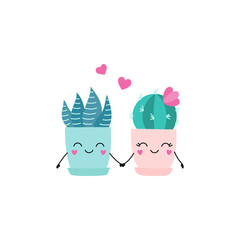 Cute couple of home plants. Cartoon character cactus, succulent in pots. Vector isolated illustration on a white background.