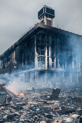 Burned building and barricades at the Maidan square in Kyiv, Ukraine during anti government protests in 2014