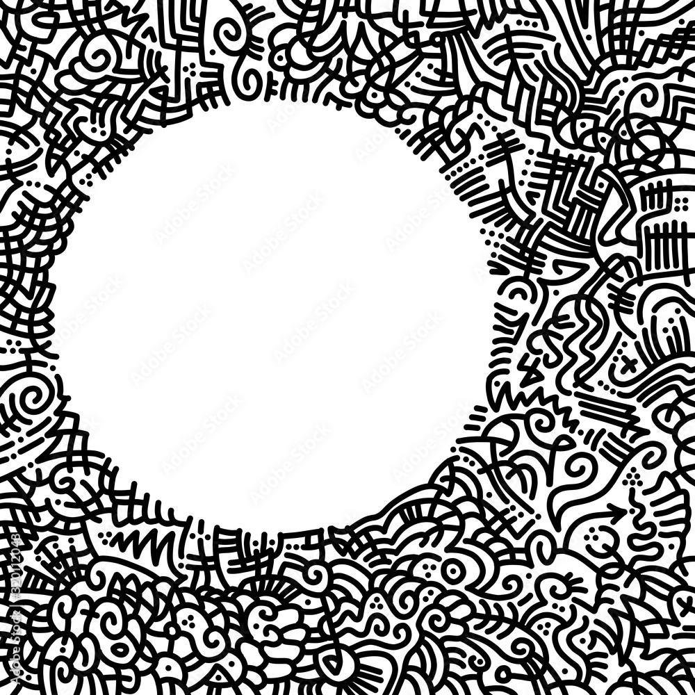 Poster hand-drawn square shaped frame with abstract patterns, made of black curves, lines and dots and a wh