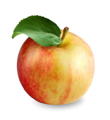 Yellow red apple isolated on white background. Fresh beutiful apple with green apple leaf.