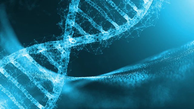 Artistic rotating of shiny dna structure on futuristic copy space animation background.